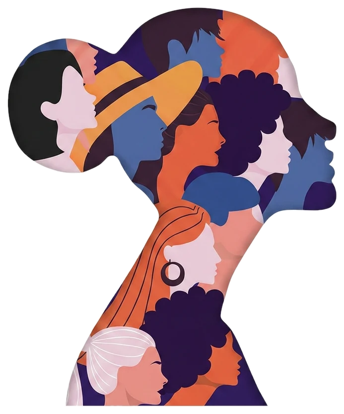 Illustration of a woman's profile silhouette made up of many diverse women's faces